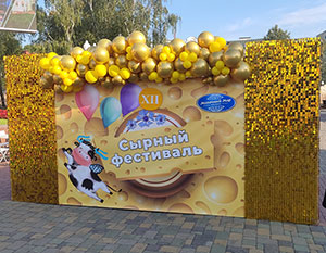 Фотозона для сырного фестиваля из шаров и золотых пайеток